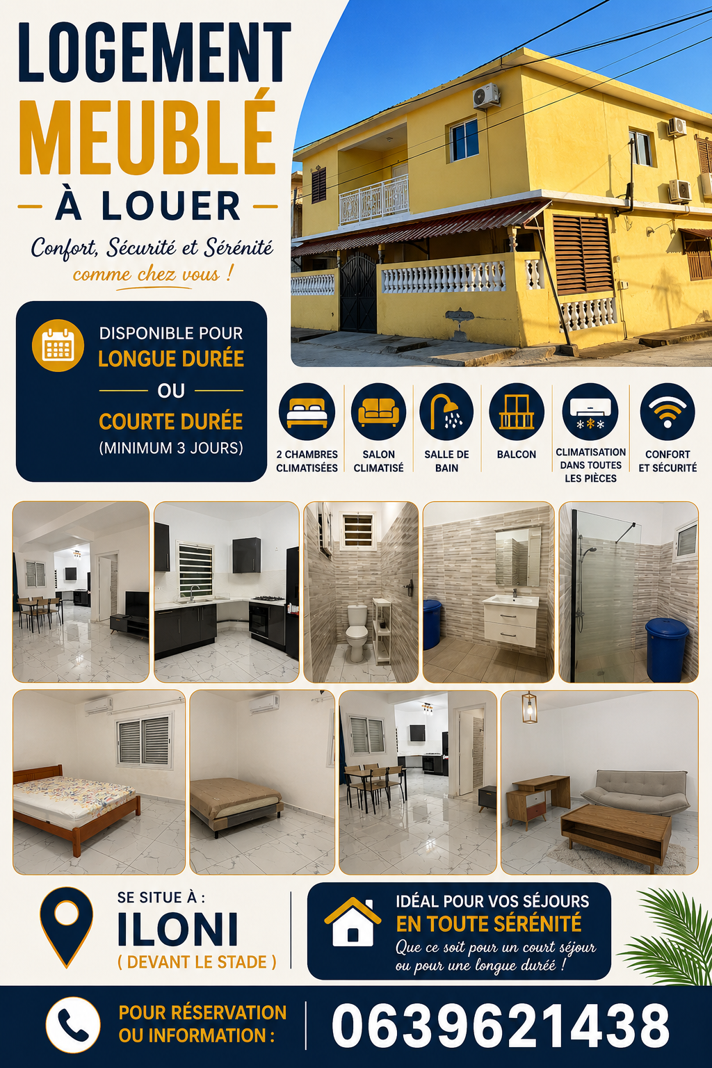 APPARTEMENT MEUBLÉ, À LOUER – ILONI (DEVANT LE STADE) — 1300 € (Dembéni)