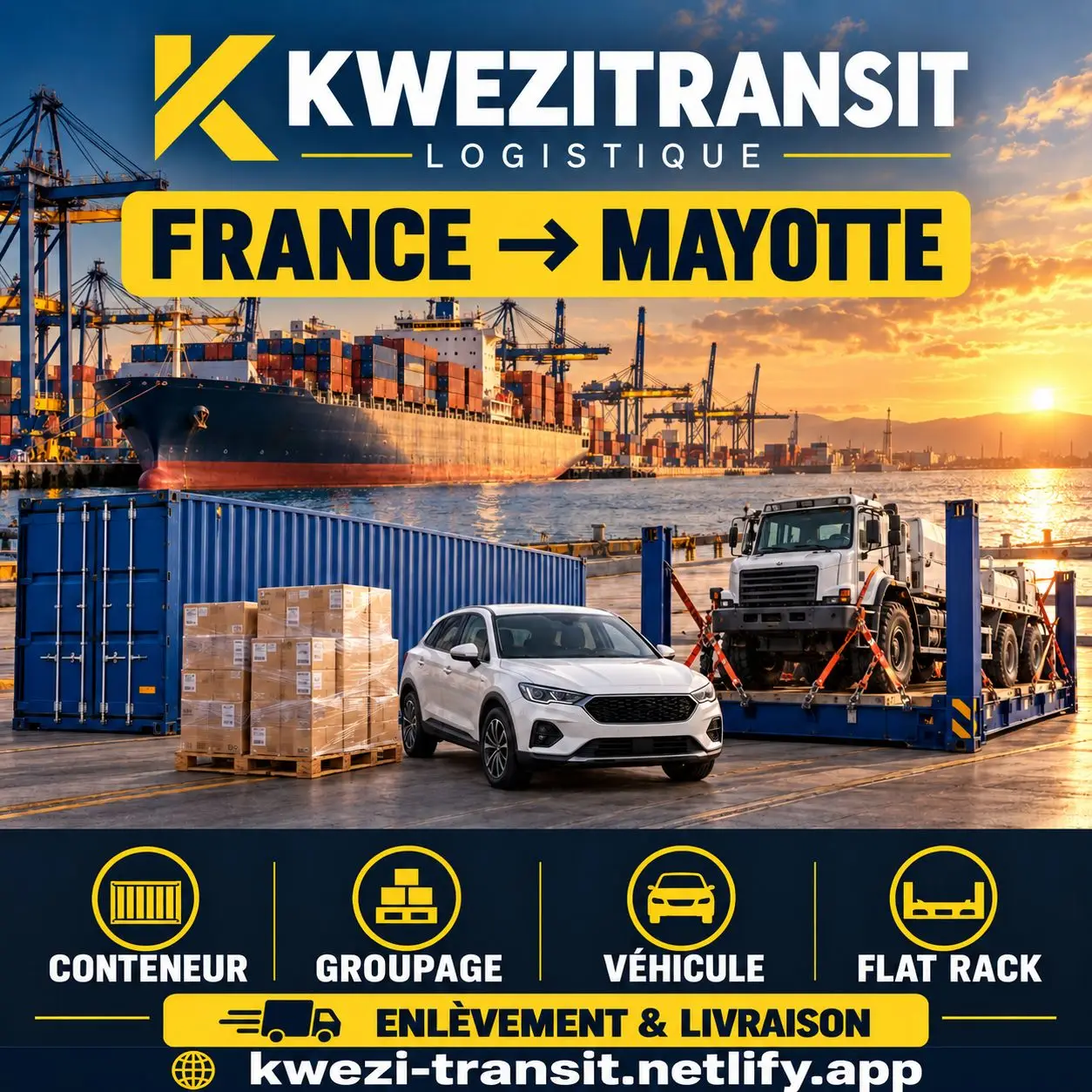 Expédition France–Mayotte : conteneur, groupage, véhicule et flat rack à Mamoudzou