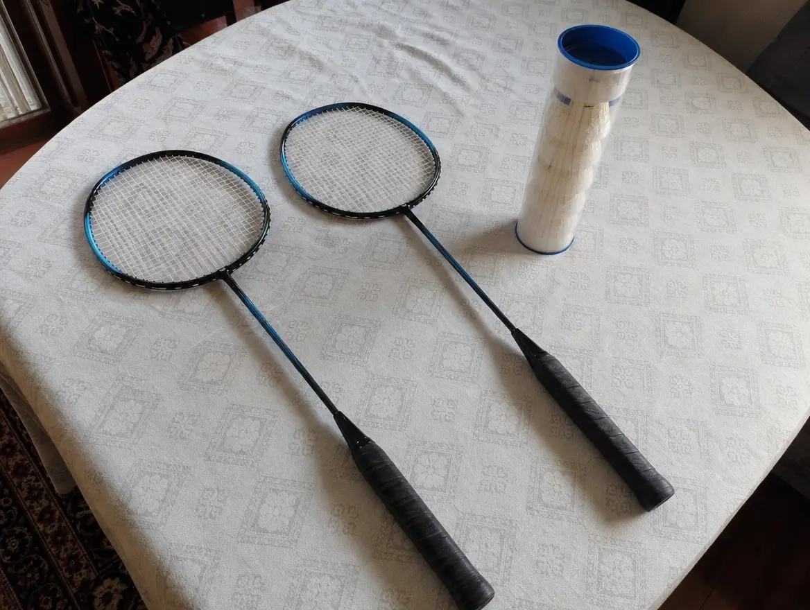 Deux raquettes de badminton + tube de volants · 15 € (Sada)